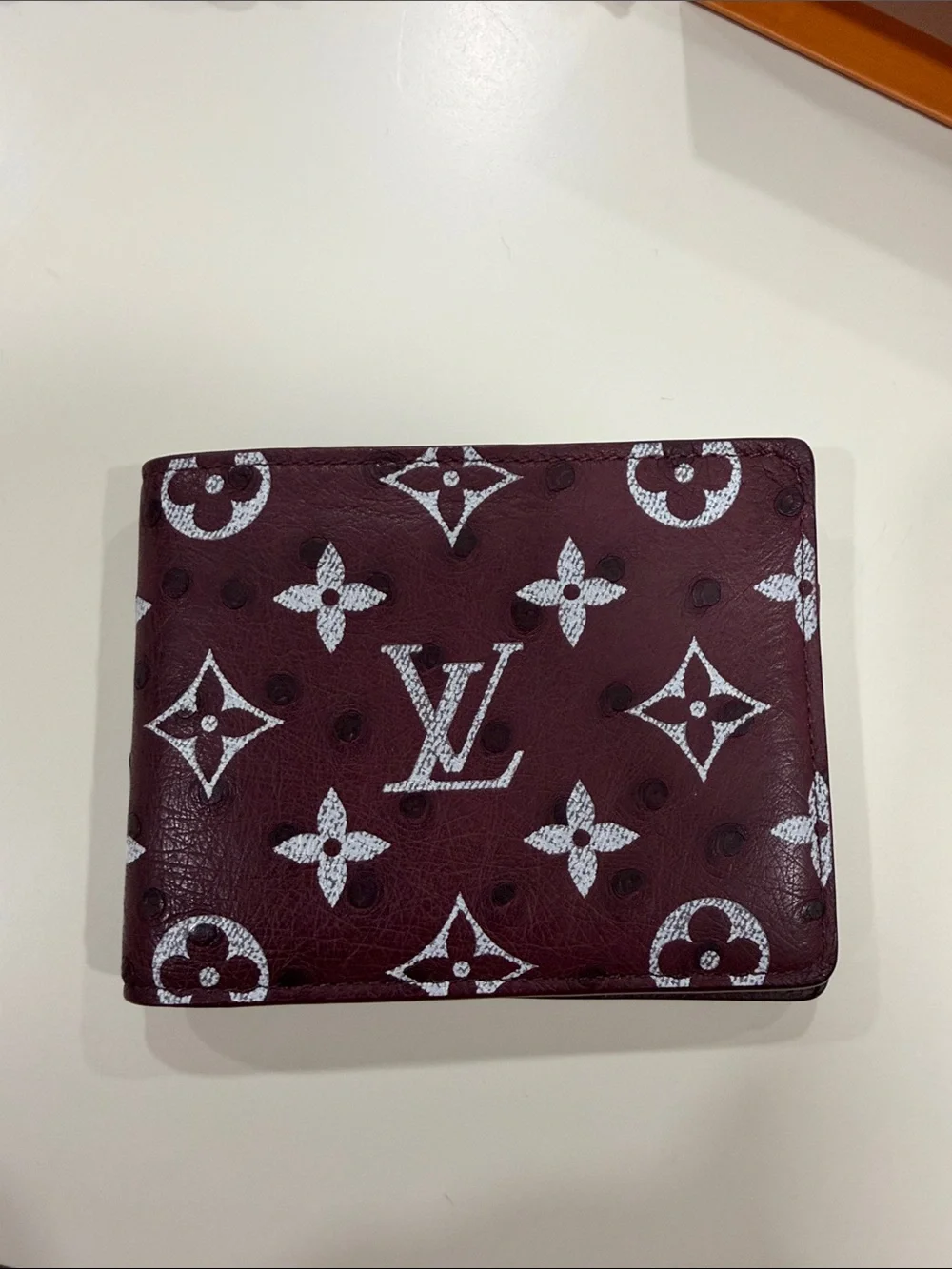 Louis Vuitton Ostrich Burgundy Wallet with White Monogram Print